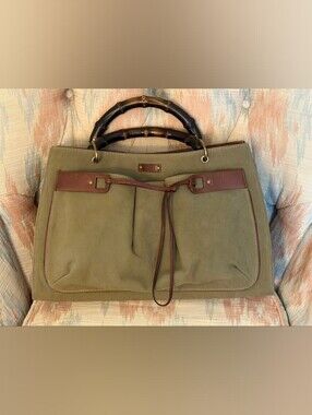 Gucci Vintage Canvas Tote with Bamboo Handle in Green & Brown